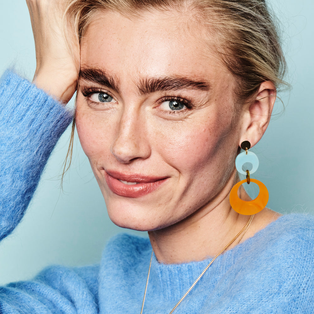 Swinging Circle Drop Earrings - Orange Pearl & Light Blue