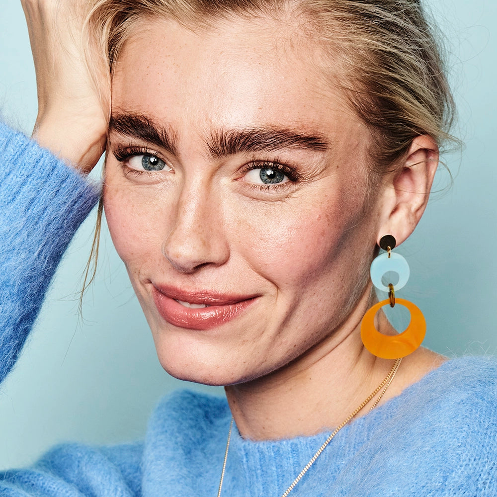 Swinging Circle Drop Earrings - Orange Pearl & Island Blue