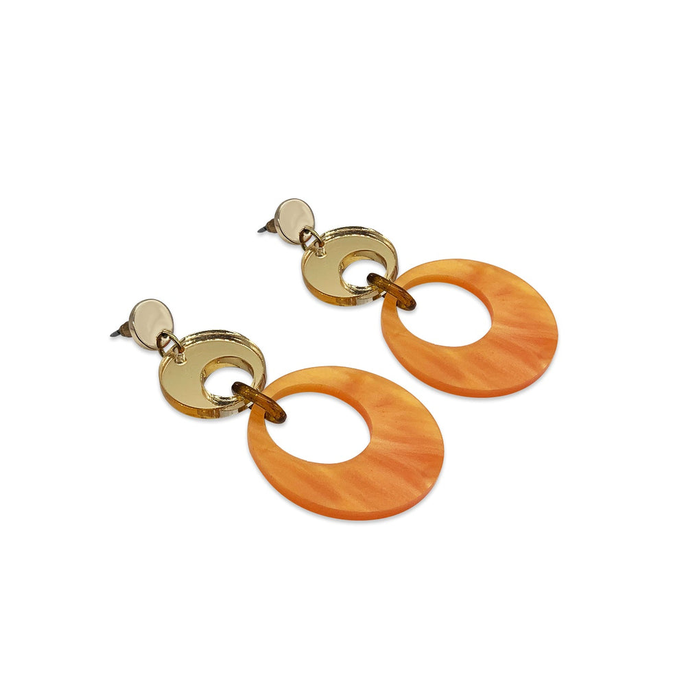 Swinging Circle Drop Earrings - Orange Pearl & Gold Mirror