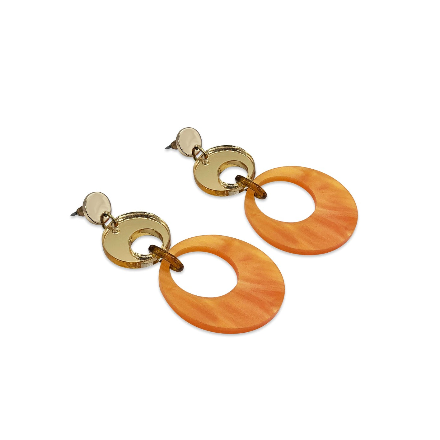Swinging Circle Drop Earrings - Orange Pearl & Gold Mirror