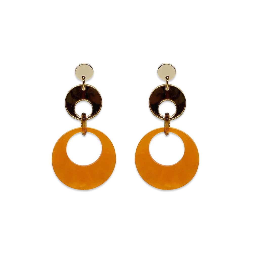 Swinging Circle Drop Earrings - Orange Pearl & Gold Mirror