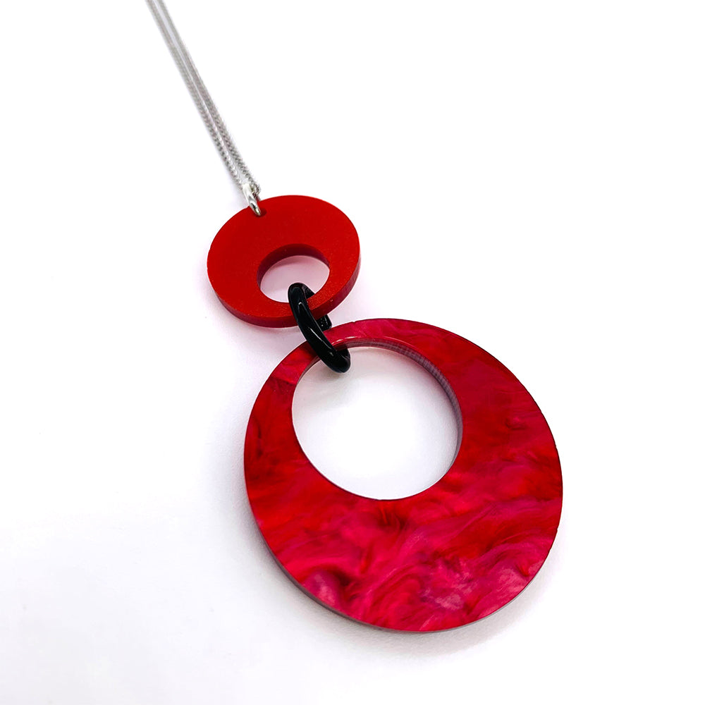 Swinging Circle Pendant - Pink Swirl & Royal Red
