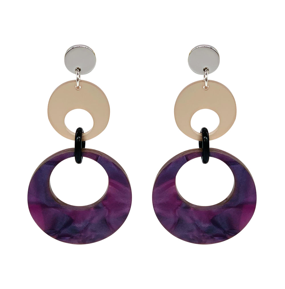Swinging Circle Drop Earrings - Amethyst Pearl & Champagne