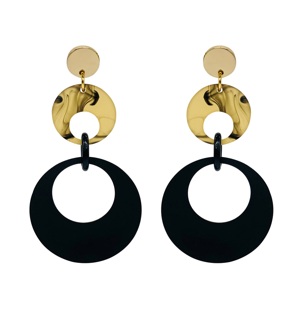 Swinging Circle Drop Earrings - Black & White Tortoiseshell