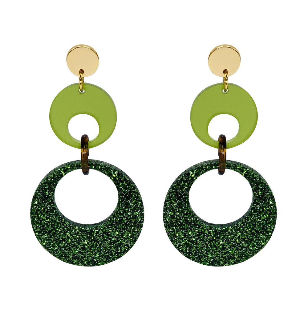 Swinging Circle Drop Earrings - Forest Green Glitter & Lime Zest