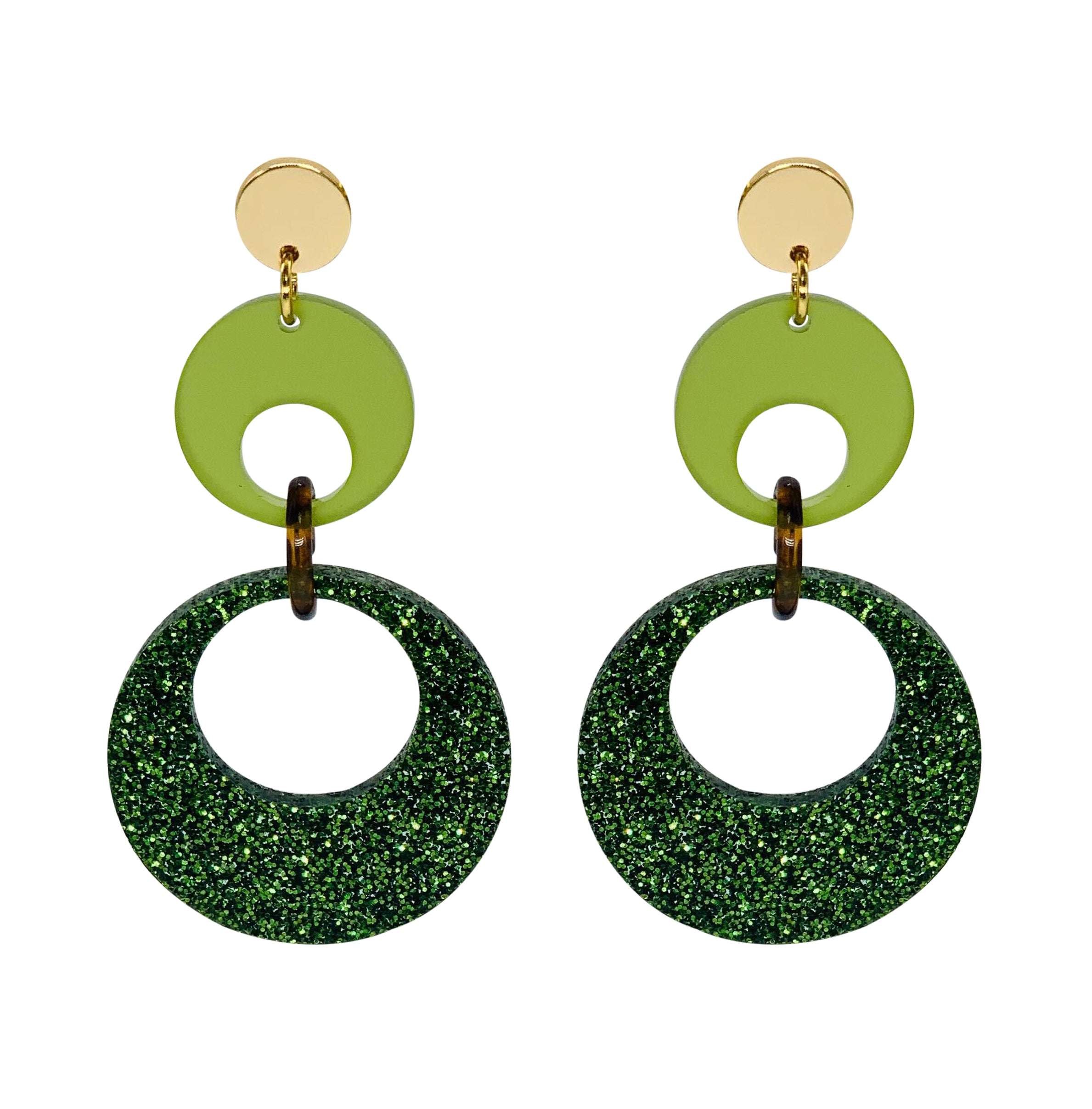 Swinging Circle Drop Earrings - Forest Green Glitter & Lime Zest