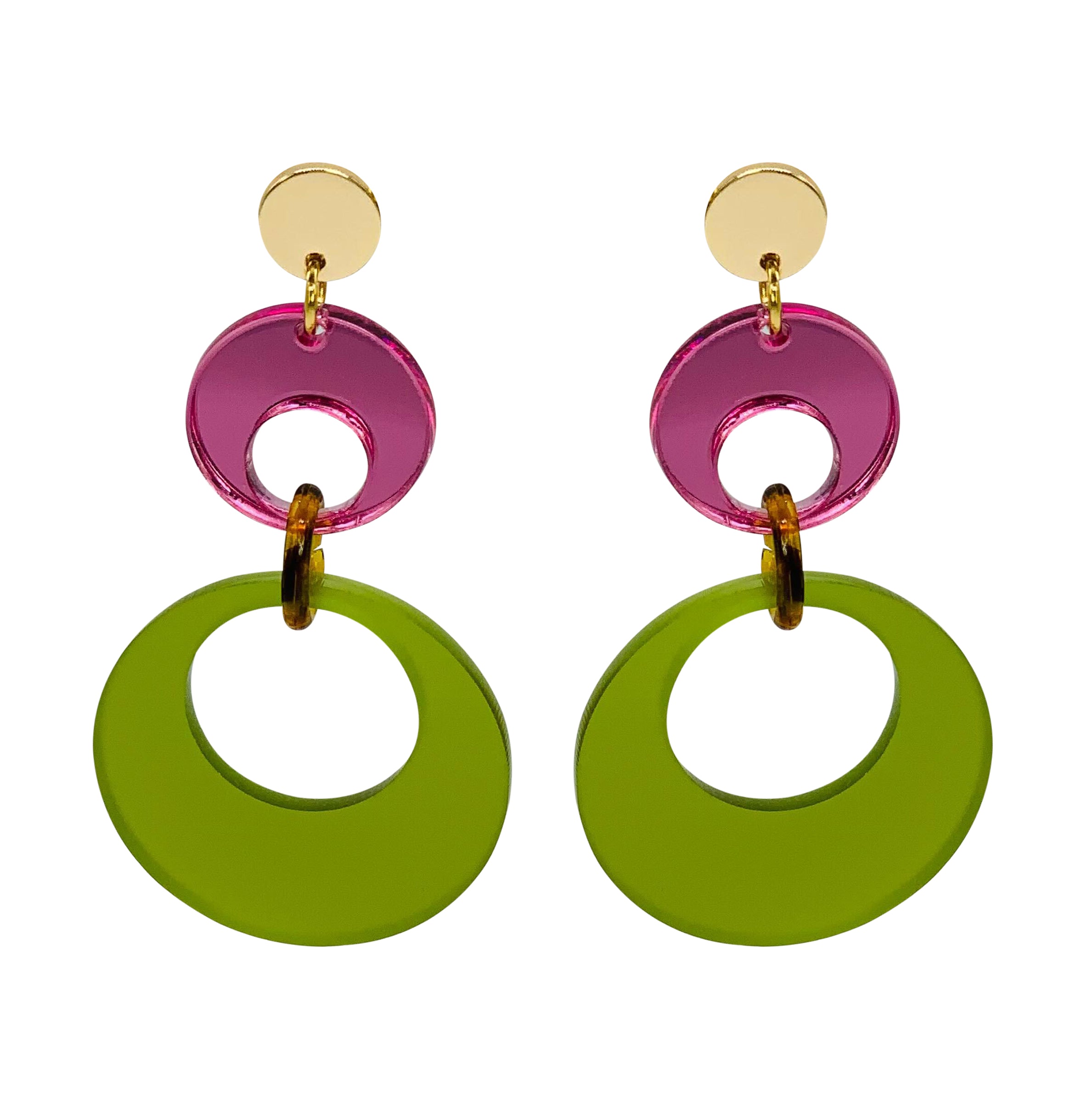 Swinging Circle Drop Earrings - Lime Zest & Pink Mirror