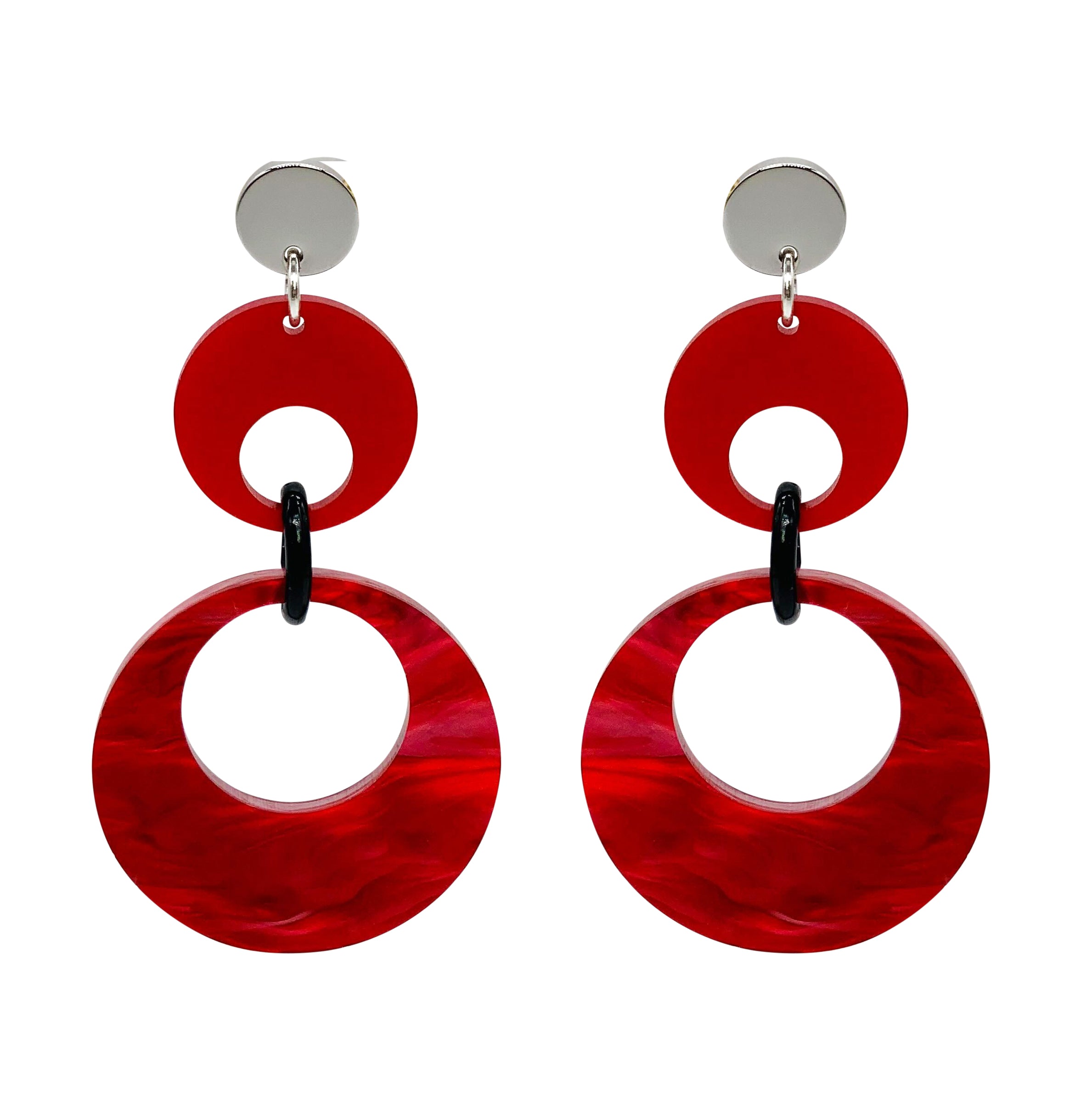 Swinging Circle Drop Earrings - Pink Swirl & Royal Red