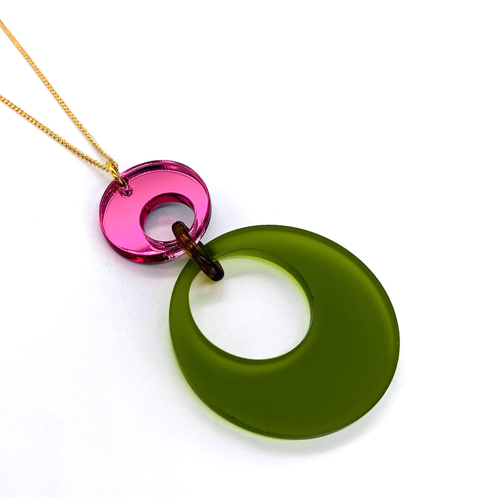Swinging Circle Pendant - Lime Zest & Pink Mirror