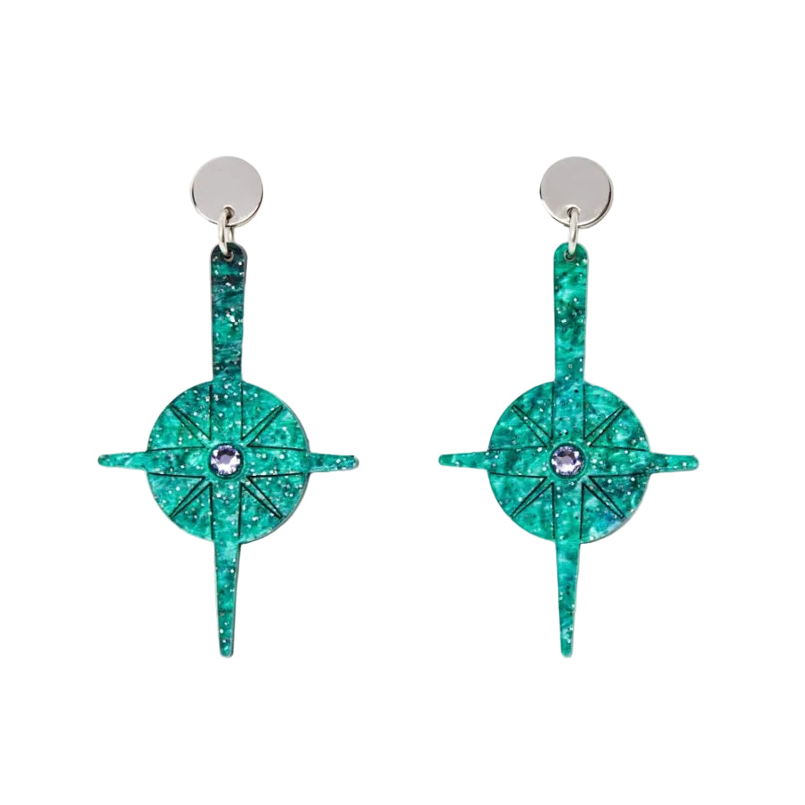 Compass Earrings - Green Sparkle