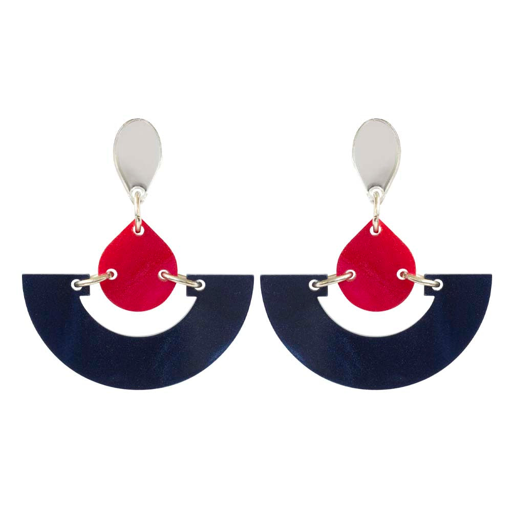Mini Fans Earrings - Navy Blue Pearl & Cerise