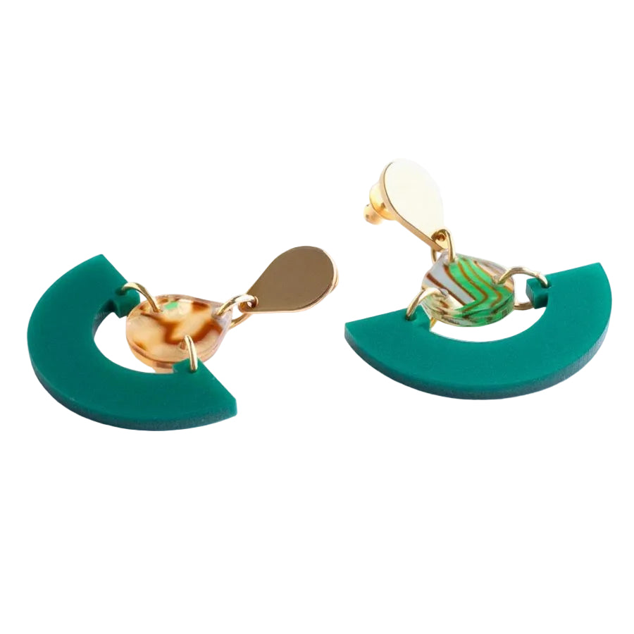 Mini Fans Earrings - Royal Green & Shell