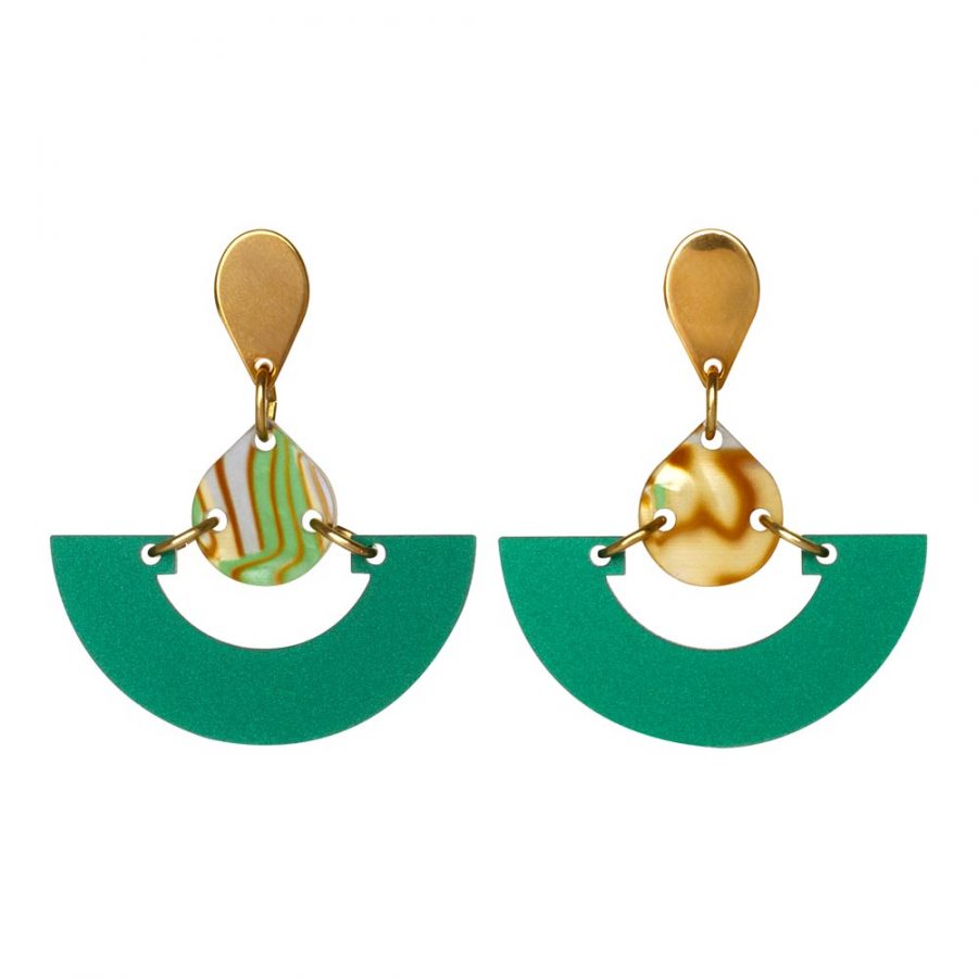 Mini Fans Earrings - Royal Green & Shell