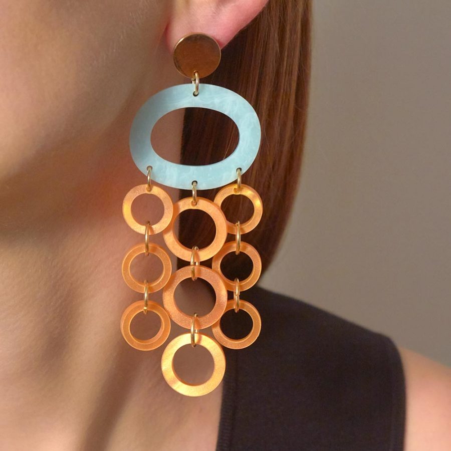 Oh What A Night Chandelier Earrings - Light Blue & Orange Pearl