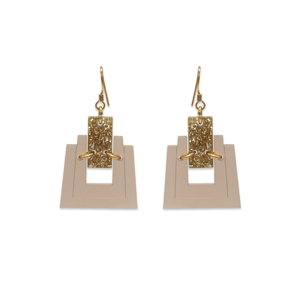 Art Deco Square Earrings - Champagne & Gold Glitter