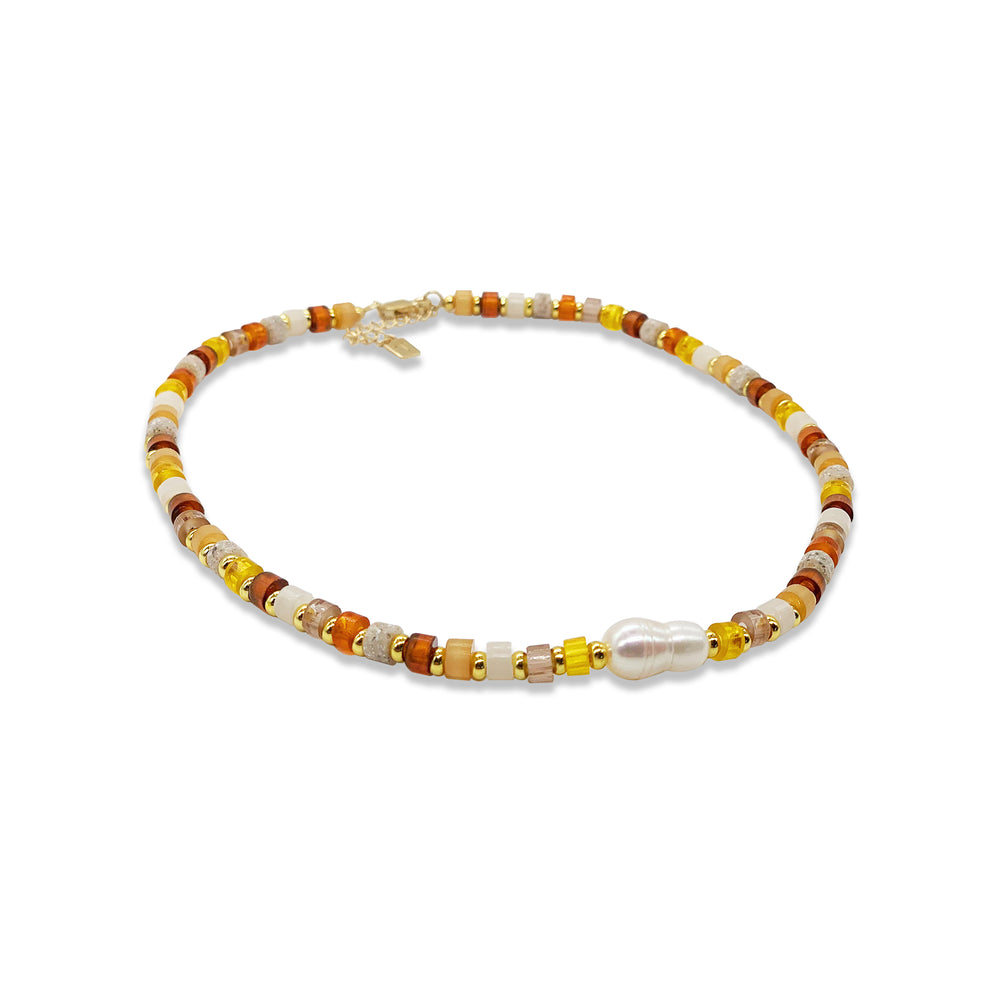 Beaded Necklace - Golden & Pearl