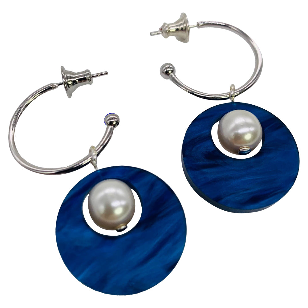 Charming Pearl Circle Earrings - Midnight Blue Swirl