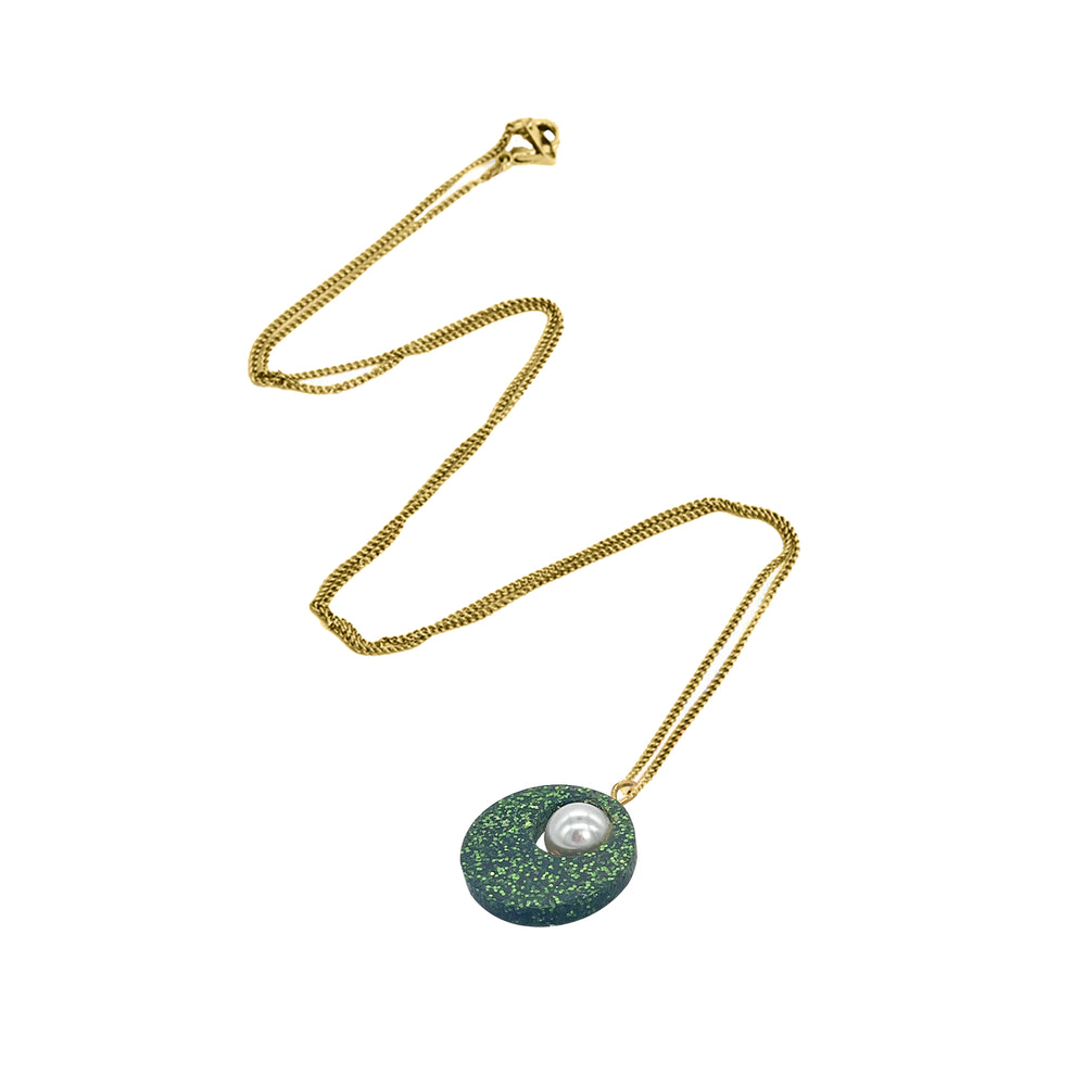 Charming Pearl Circle Pendant - Forest Green Glitter