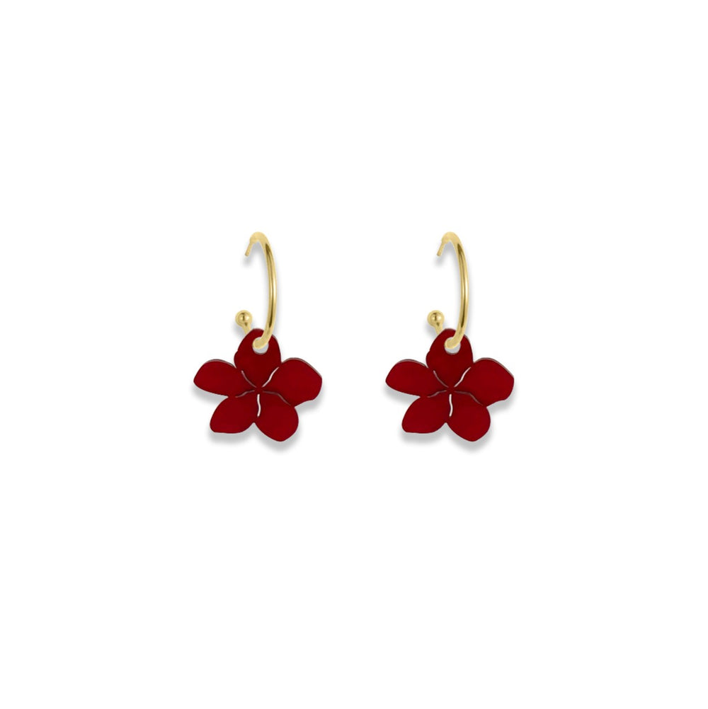 Flower Hoop Earrings - Berry Red