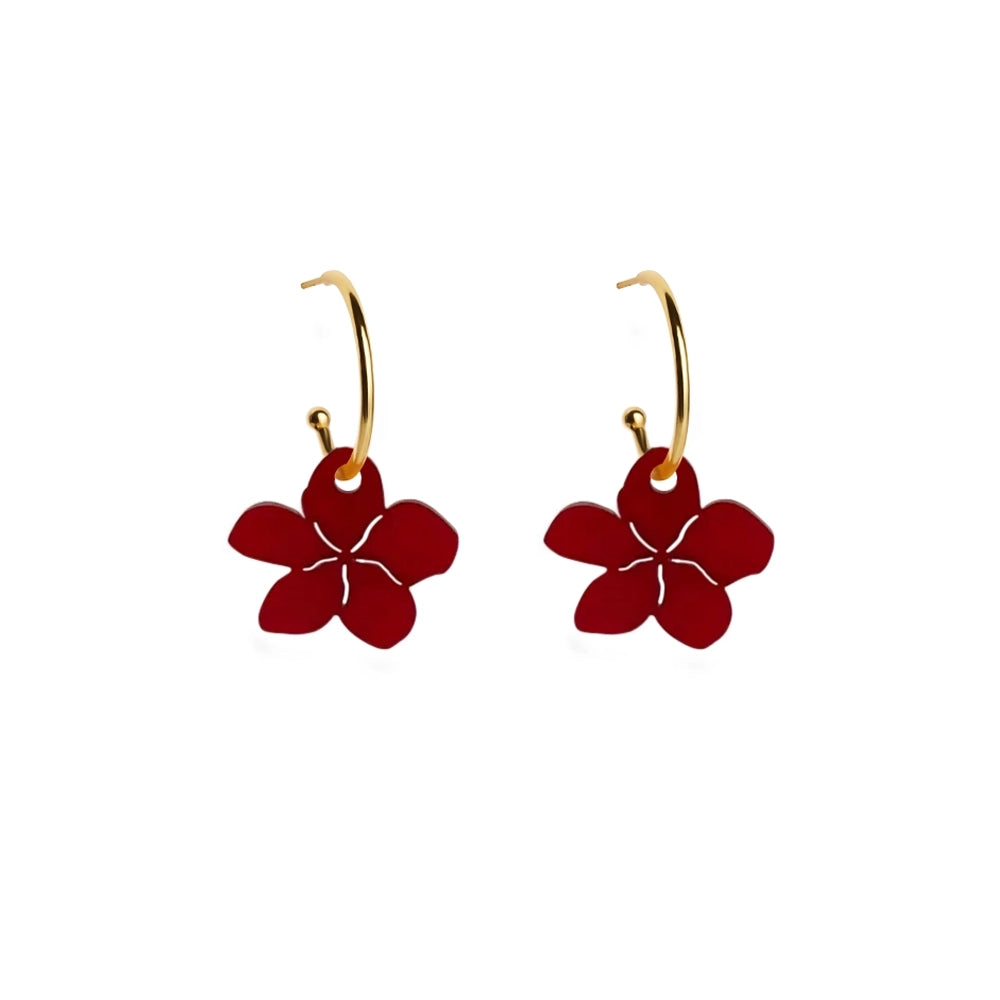 Christmas Roses Hoop Earrings - Berry Red