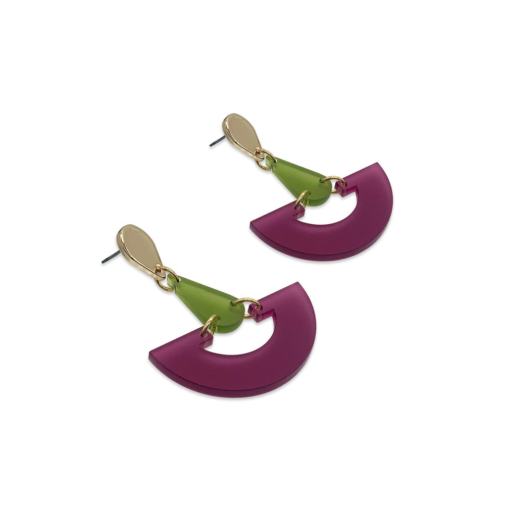 Large Fan Earrings - Plum & Lime Zest