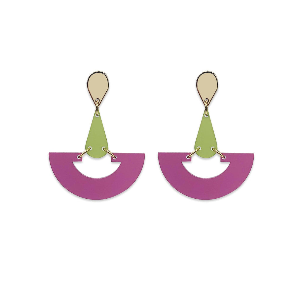 Large Fan Earrings - Plum & Lime Zest