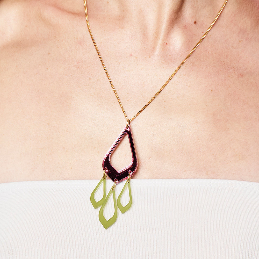 Feather Drop Pendant - Pink Mirror & Lime Zest