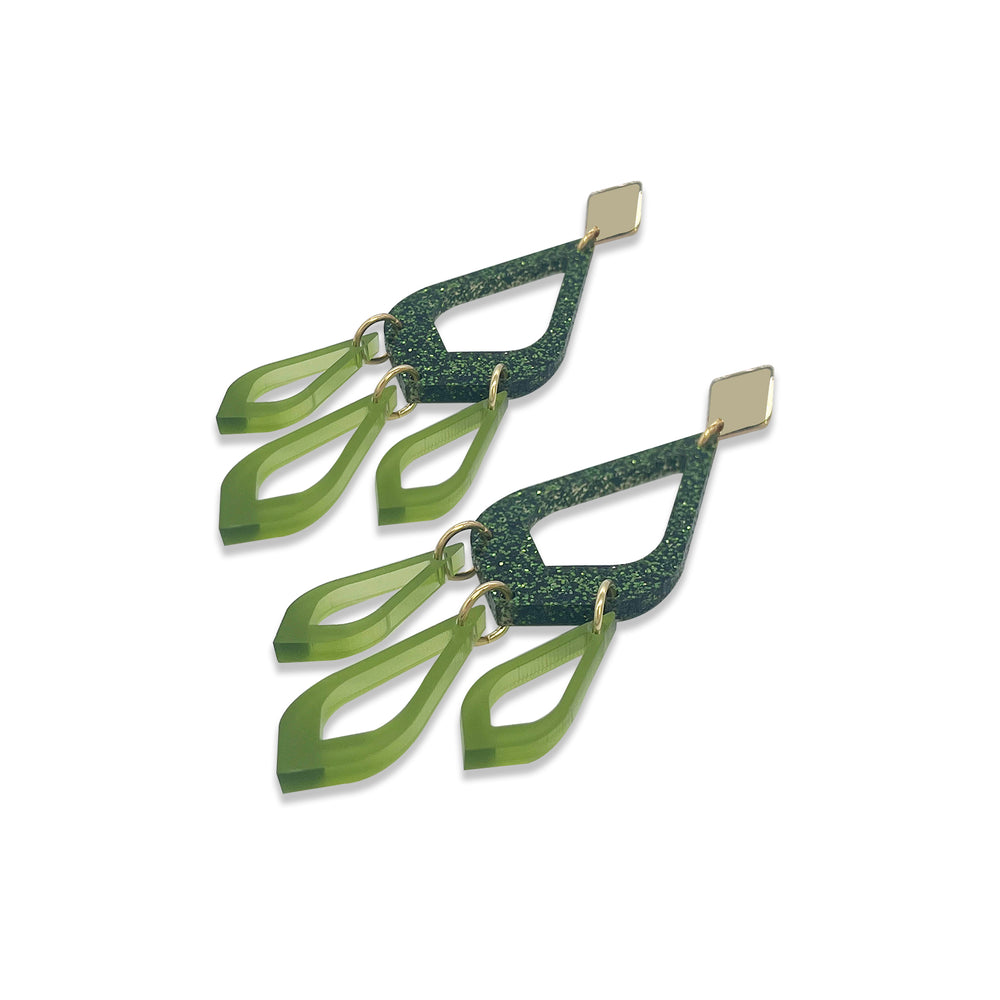 Feather Drop Earrings - Forest Green Glitter & Lime Zest