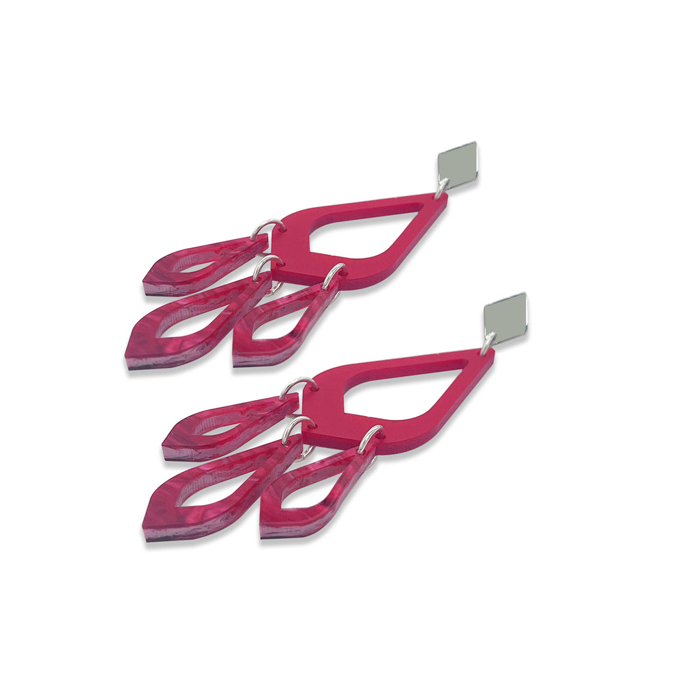 Feather Drop Earrings - Royal Red & Pink Swirl