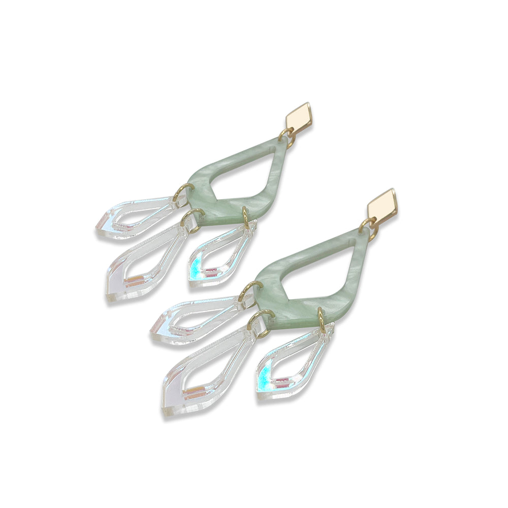 Feather Drop Earrings - Regent Green & Iridescent