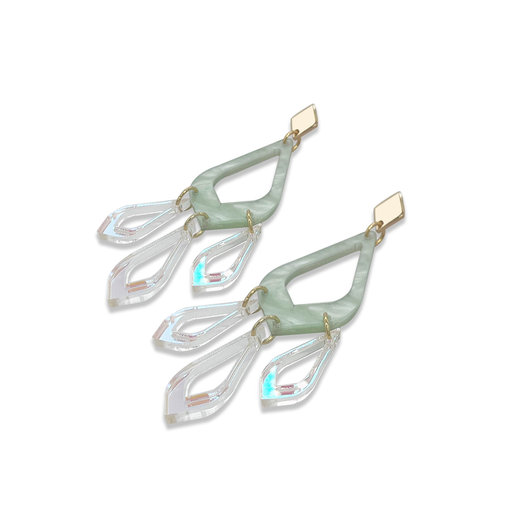 Feather Drop Earrings - Regent Green & Iridescent