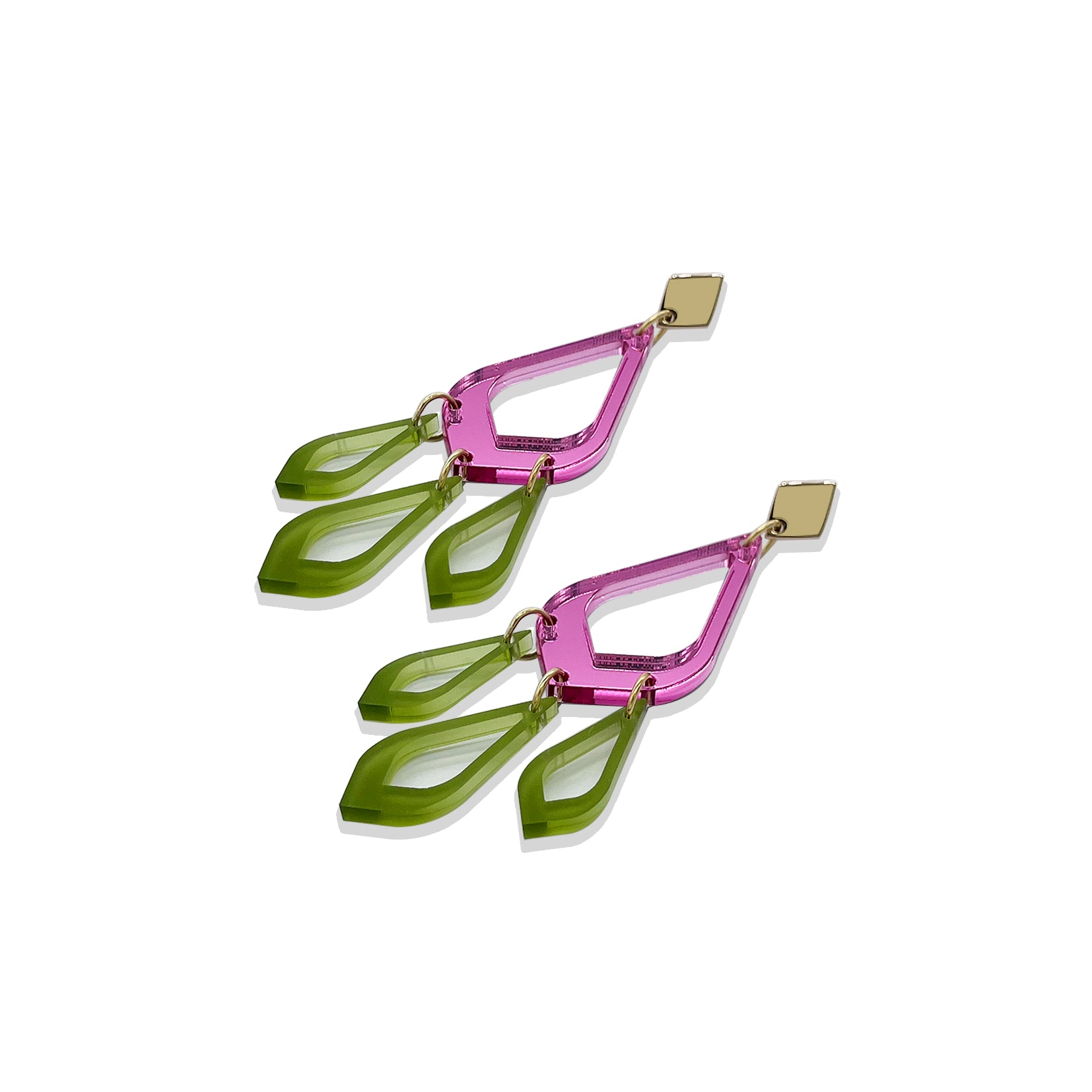 Feather Drop Earrings - Pink Mirror & Lime Zest