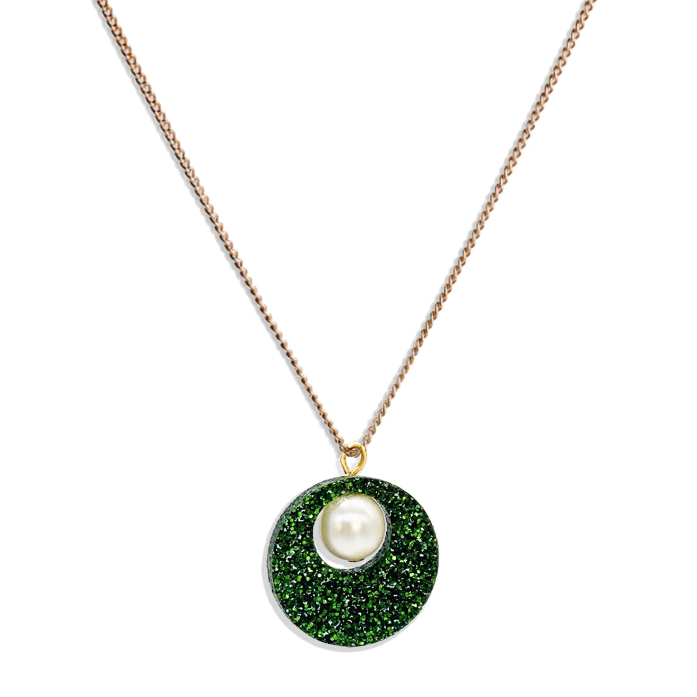 Charming Pearl Circle Pendant - Forest Green Glitter
