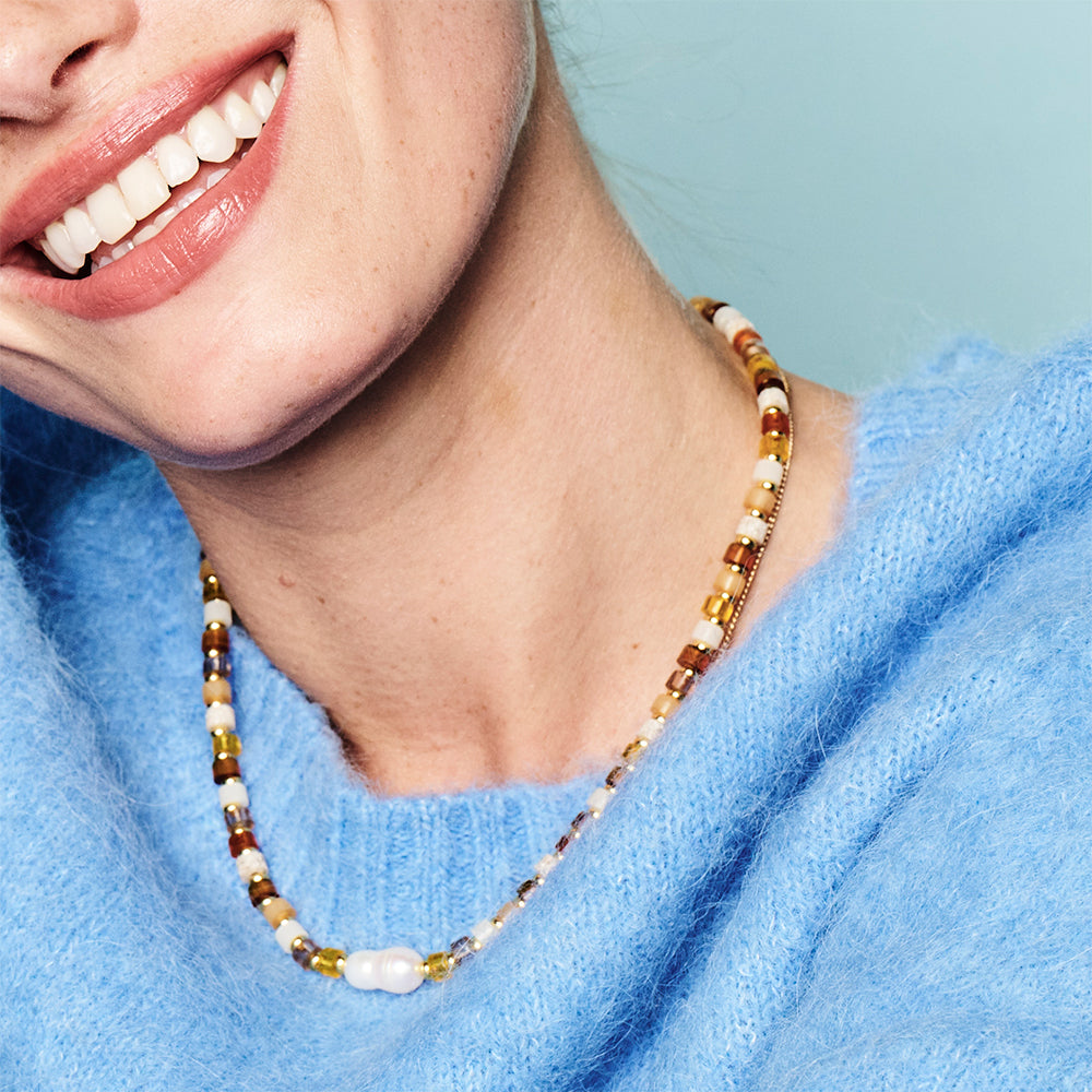 Beaded Necklace - Golden & Pearl