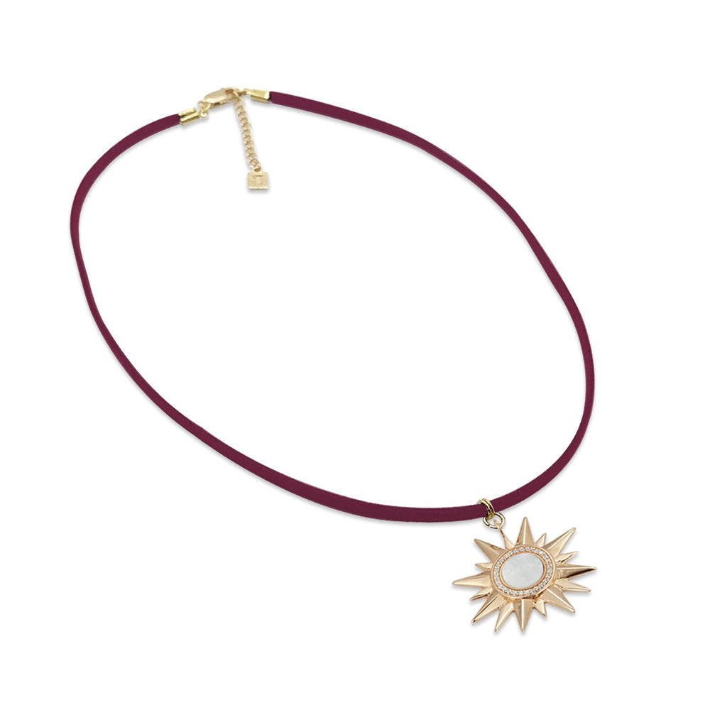 Sunburst Suede Necklace - White Mother of Pearl on Burgundy