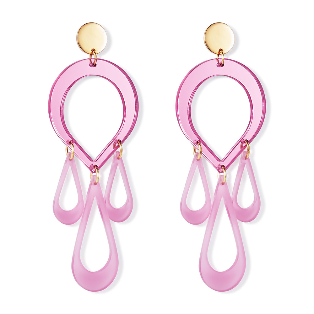 Large Teardrop Chandelier Earrings - Pink Mirror & Heather