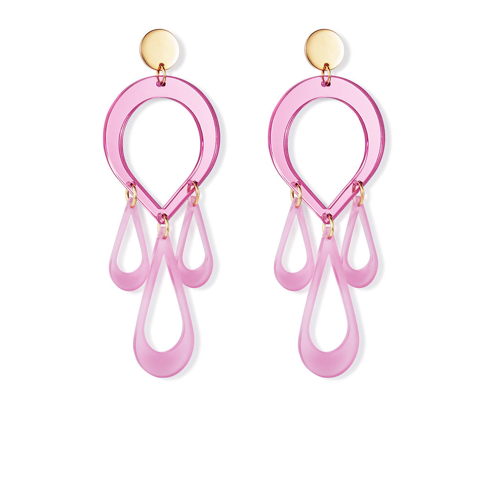 Teardrop Chandelier Earrings - Pink Mirror & Heather
