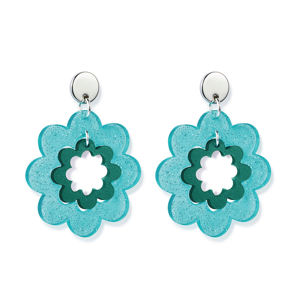 Funky Flowers Earrings - Blue Glitter & Royal Green