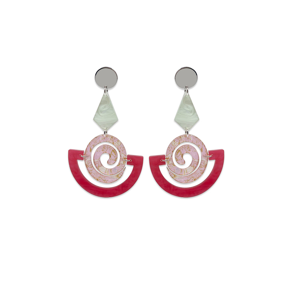 Swirly Boatman Earrings - Pink Swirl, Pink Shell & Regent Green
