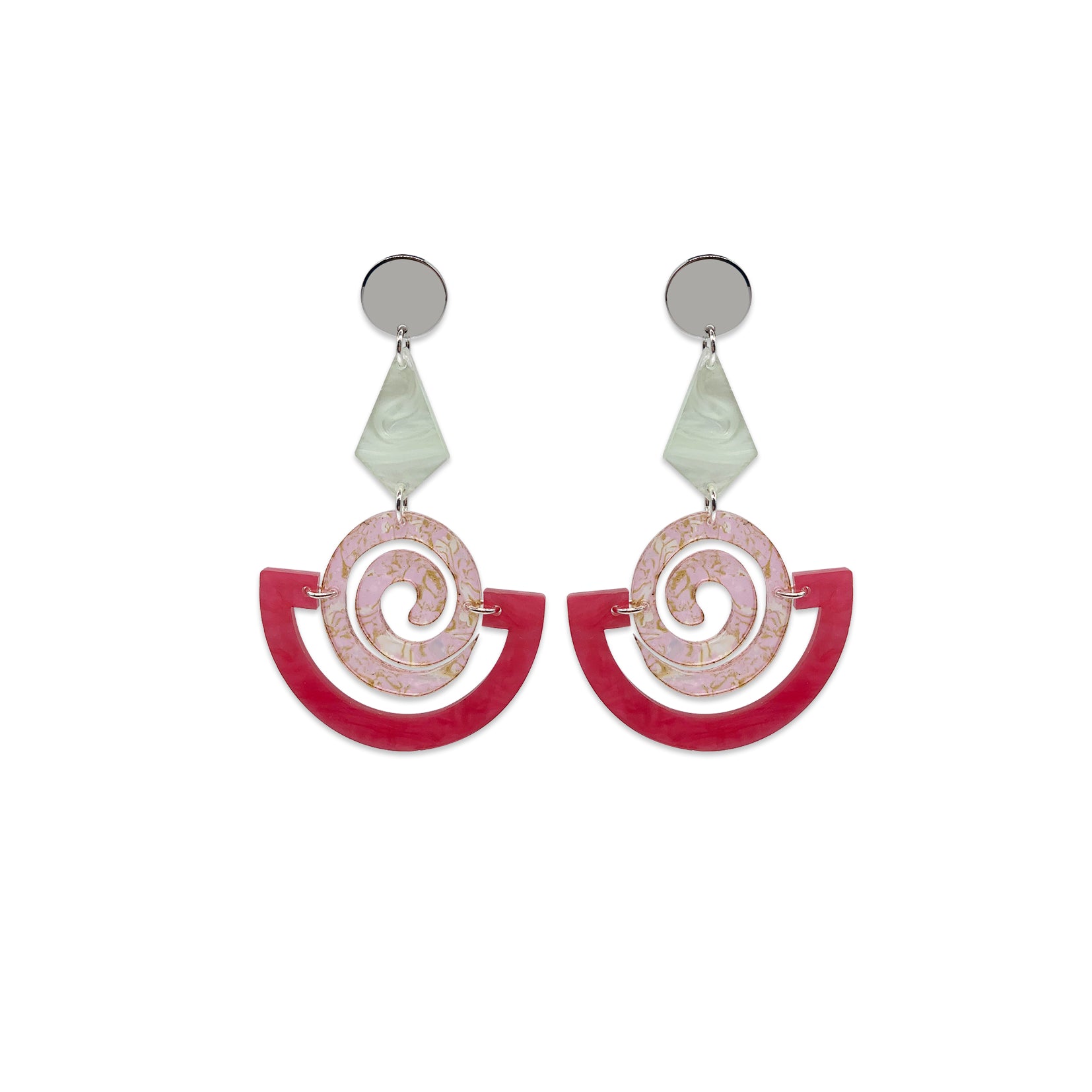 Swirly Boatman Earrings - Pink Swirl, Pink Shell & Regent Green