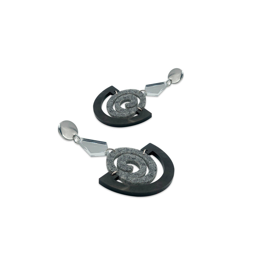 Swirly Boatman Earrings - Grey Pearl, Grey Stone & Silver Mirror