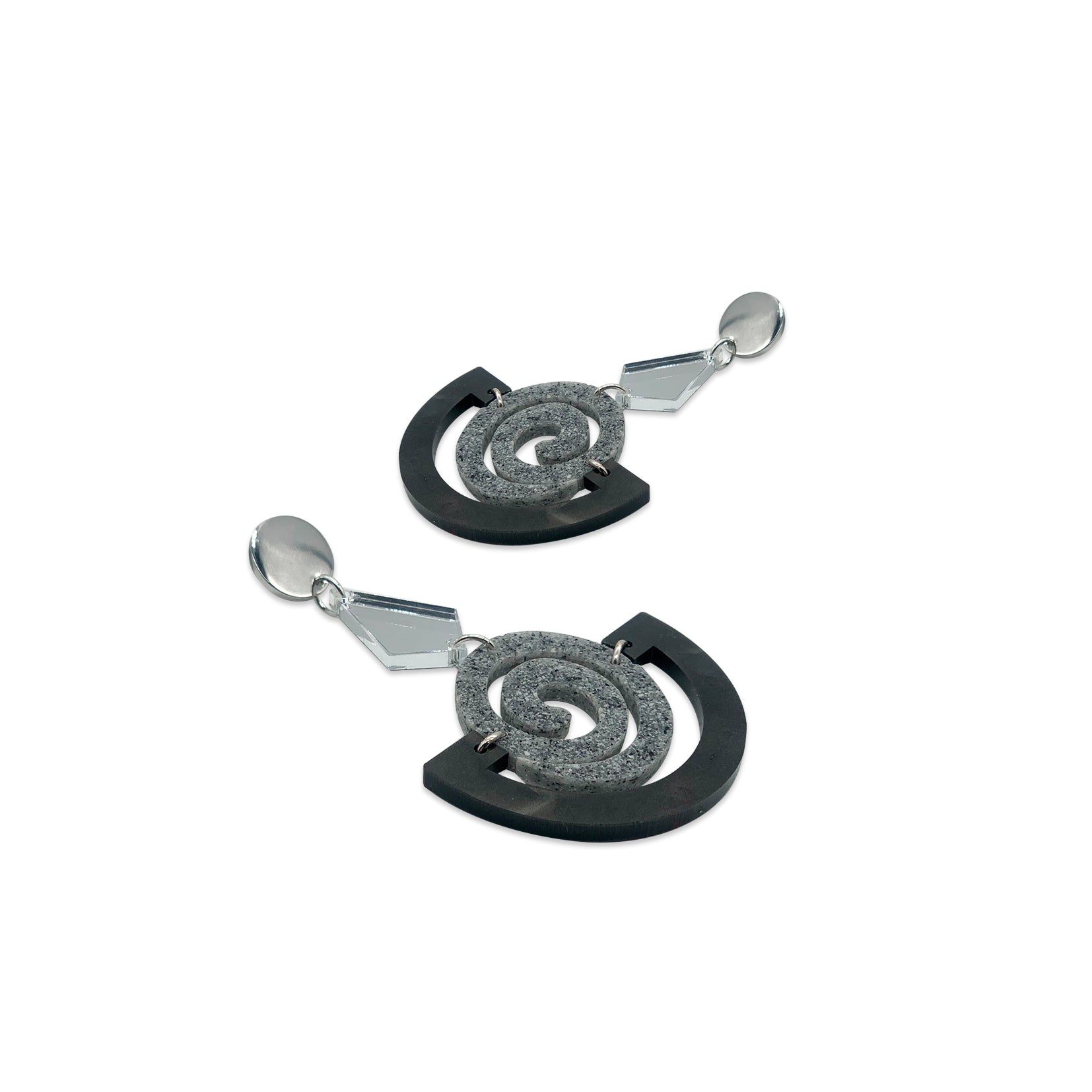 Swirly Boatman Earrings - Grey Pearl, Grey Stone & Silver Mirror