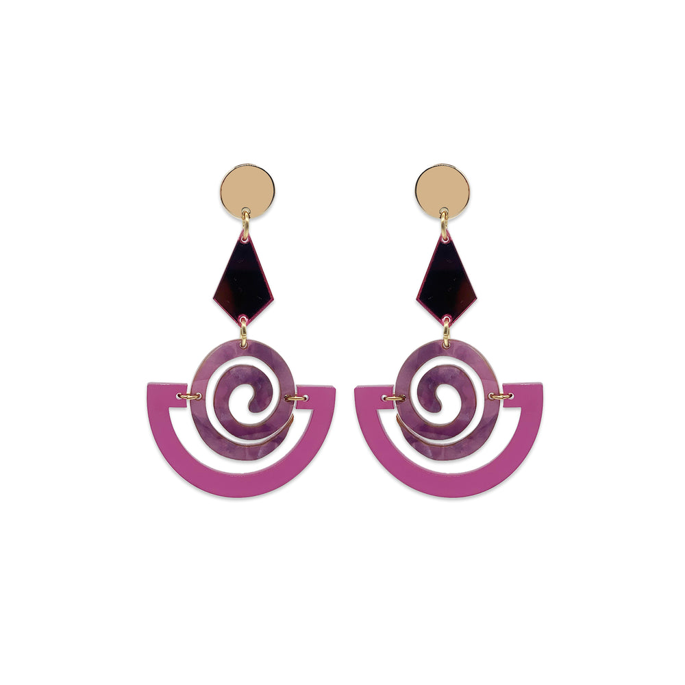 Swirly Boatman Earrings - Plum, Amethyst Pearl & Pink Mirror