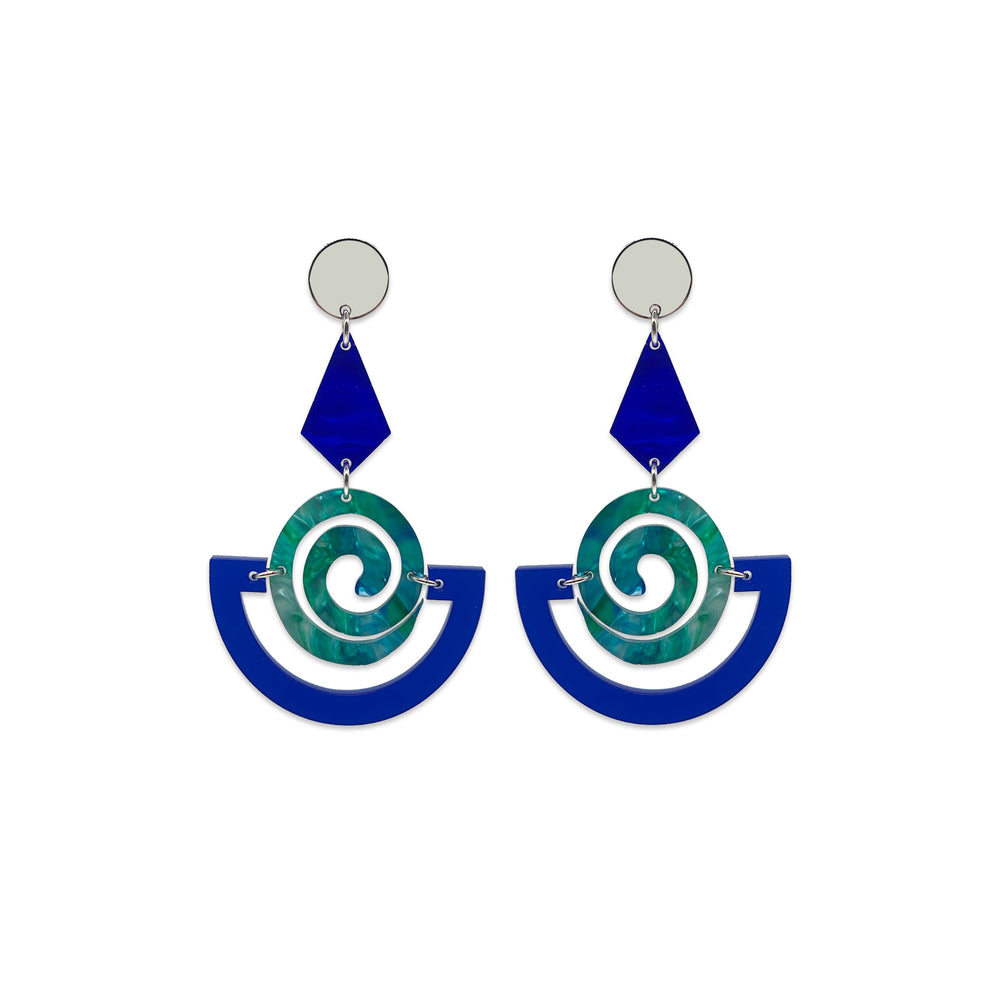 Swirly Boatman Earrings - Sapphire, Blue & Green Lava, & Blue Pearl