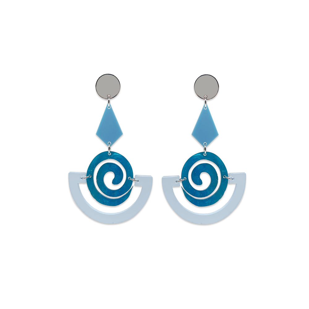 Swirly Boatman Earrings - Electric Blue, Blue Sparkle & Baby Blue