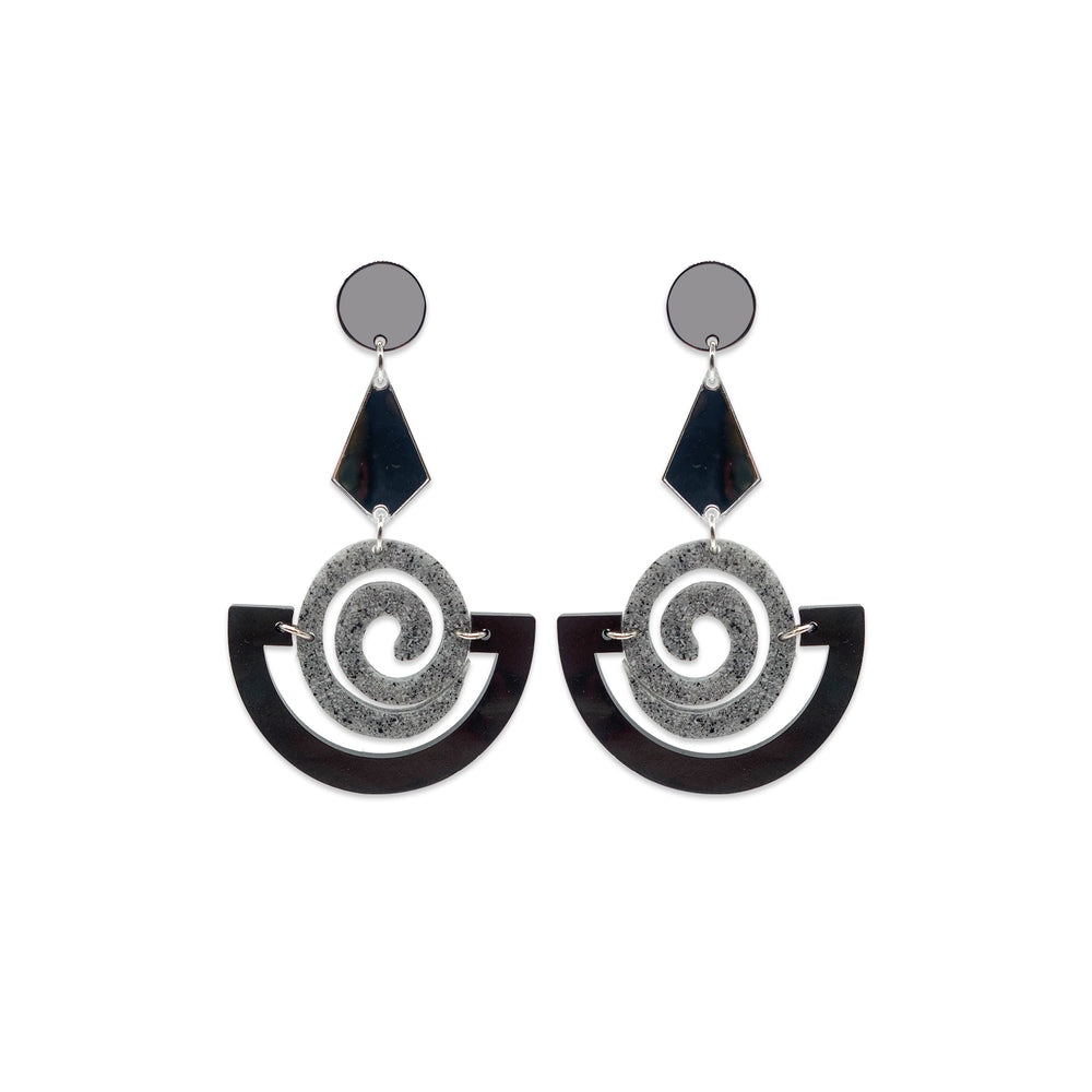 Swirly Boatman Earrings - Grey Pearl, Grey Stone & Silver Mirror