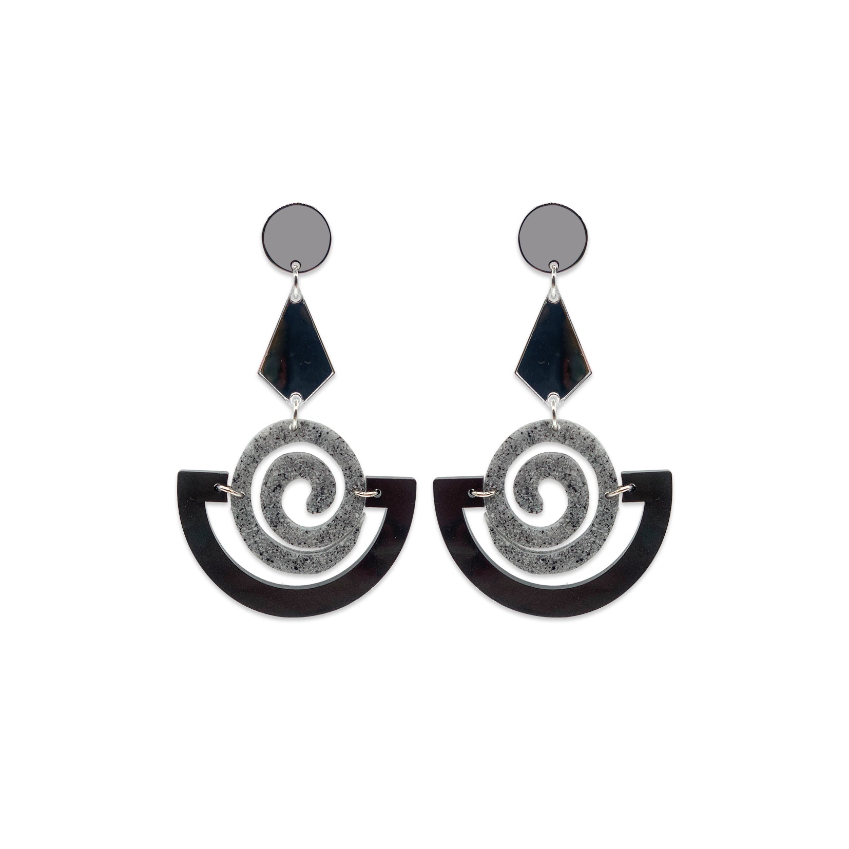 Swirly Boatman Earrings - Grey Pearl, Grey Stone & Silver Mirror