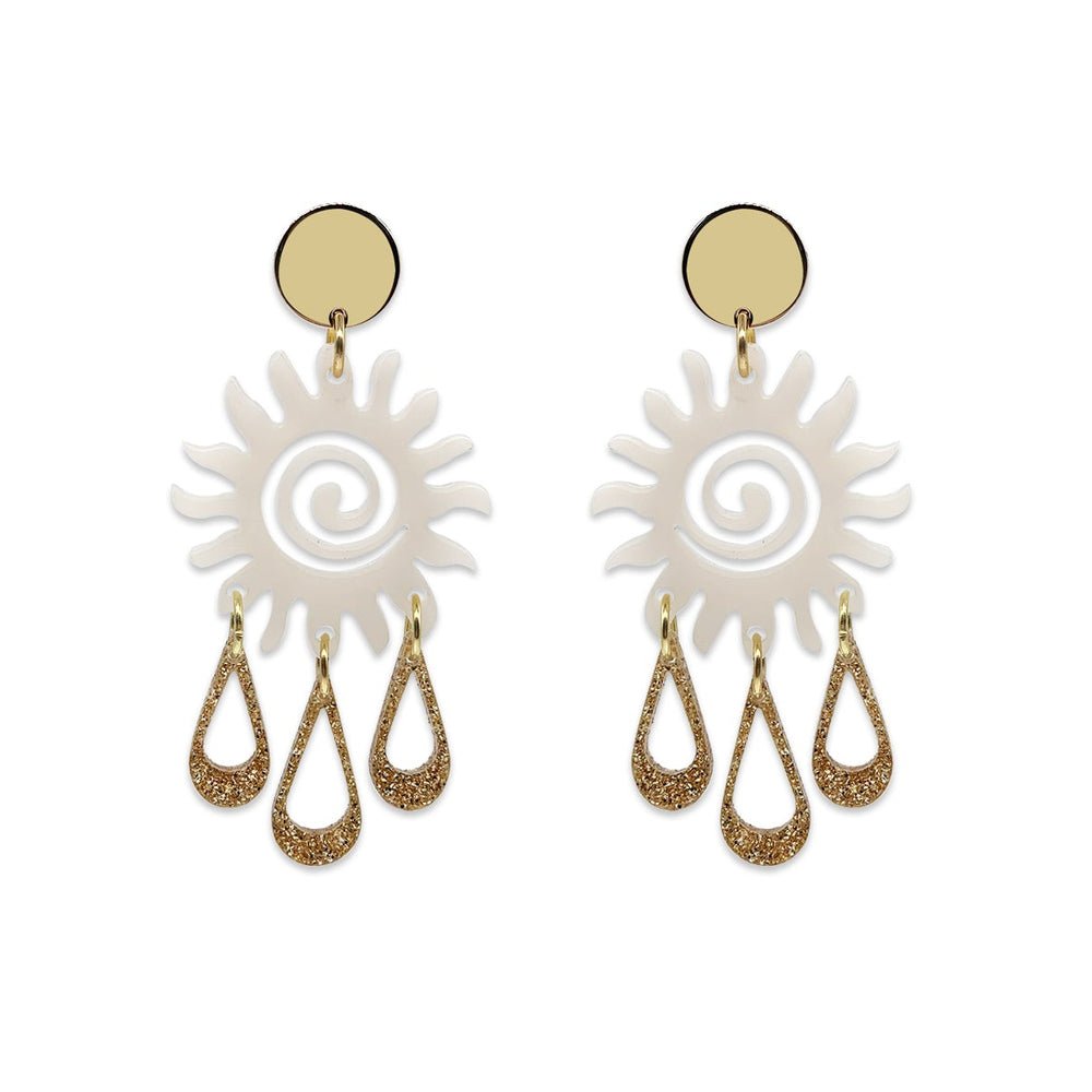 Sun Chandelier Earrings - Alabaster with Gold Glitter
