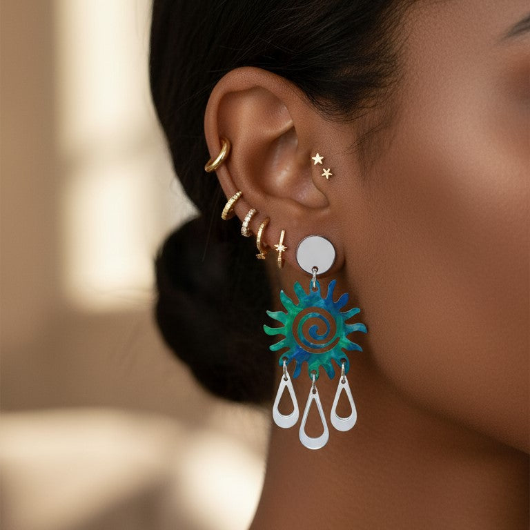 Sun Chandelier Earrings - Blue & Green Lava with Translucent Blue