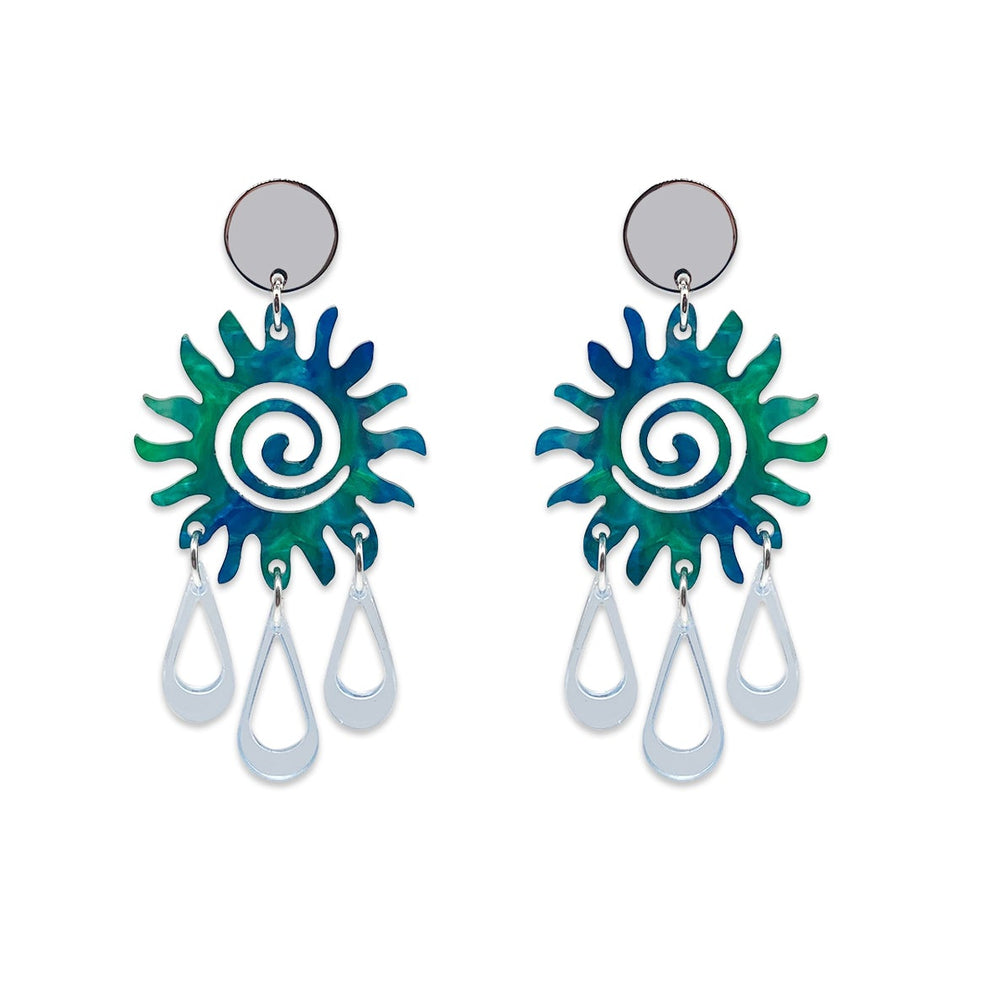 Sun Chandelier Earrings - Blue & Green Lava with Translucent Blue